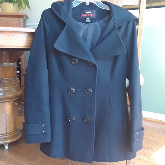 Miss sixty black wool coat with hood - Picture 1 of 5